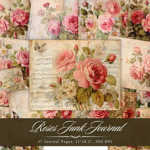 Roses Junk Journal Paper Kit, vintage bloemen afdrukbare ephemera, oude botanische bloem plakboek roze shabby chic digitaal, pagina met gemengde media