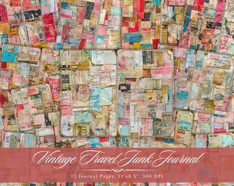 Vintage Travel Junk Journal Paper, Retro Printable Ephemera Pages, Handmade Travel Scrapbooking Collage Sheet, Background Mixed Media ATC