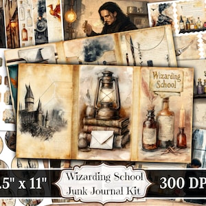 Diario de la Escuela de Magia, efímeras imprimibles de magos antiguos, hoja de collage de scrapbooking de brujas envejecidas, páginas de técnica mixta de fondo