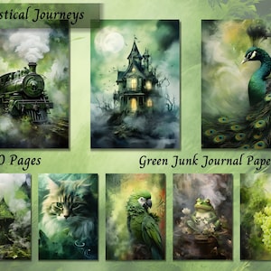 Green Junk Journal Paper, Printable junk journal pages,Watercolor Big Bundle Digital Download-Mixed Media, Pattern,Collage Elements, Vintage