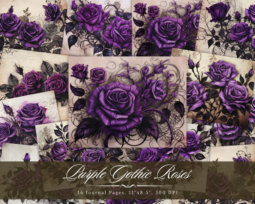 Purple Gothic Roses Junk Journal Pages, Digital Mixed Media, Vintage ...