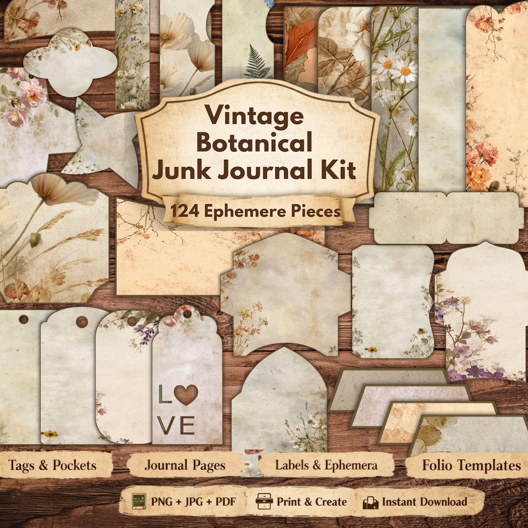 Botanical Junk Journal Kit Printable, Vintage Ephemera Bundle, 124 Junk ...