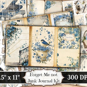 Kit de diario basura "Nomeolvides", efímera imprimible de recuerdo, hoja de collage de scrapbooking floral vintage, páginas de técnica mixta de fondo ATC