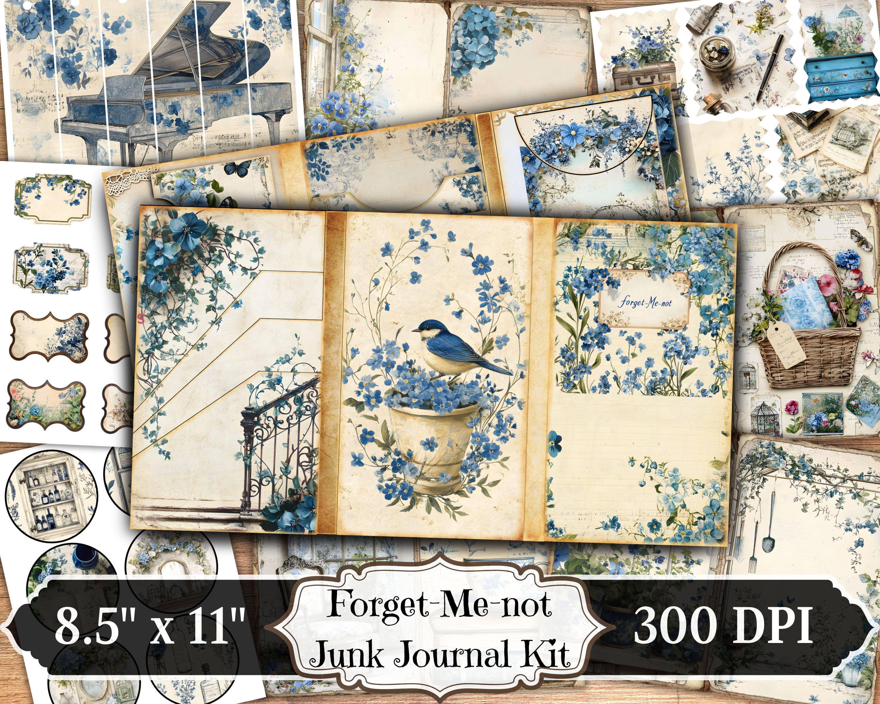 Kit de Junk Journal Nomeolvides – Efímera imprimible floral azul vintage y páginas de fondo para scrapbooking, collage y ATC