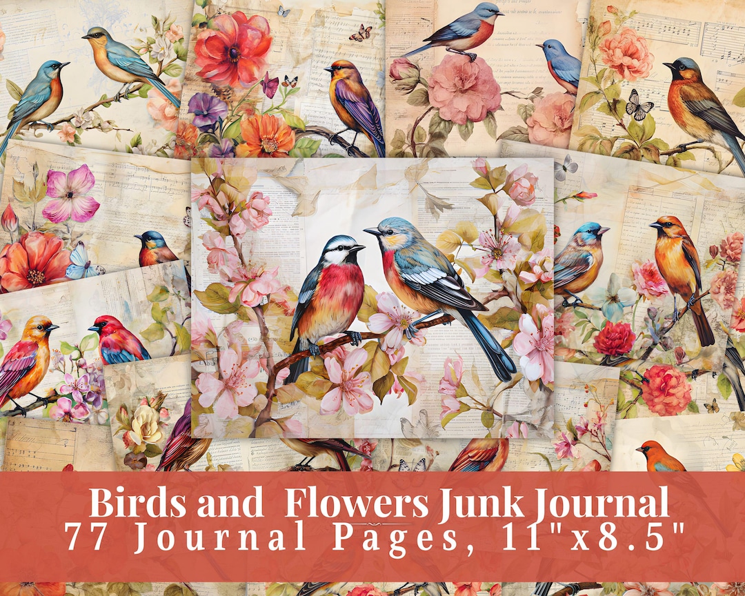 Birds and Flowers Junk Journal Pages, Vintage Floral Bird Printable ...