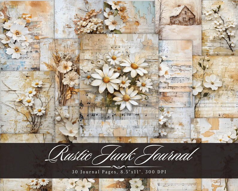 Rustic Field Journal Rustic Junk Journal Paper, Vintage Shabby Chic Pages, Aged Flower ...