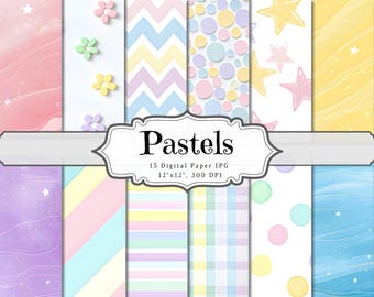 Pastels Digital Paper, Shabby Chic Printable Ephemera, Cute Colorful Pattern Scrapbooking Collage Sheet, Background Mixed Media Pages ATC