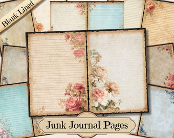 May include: A collection of vintage-style junk journal pages. The pages feature a distressed, aged appearance with floral accents in pink and cream. Some pages are lined, others have script, and some are blank. The text "Junk Journal Pages" is visible.