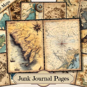 Vintage Maps Junk Journal Seiten, gealterte Weltkarte druckbare Ephemera, altes Land Scrapbooking Collage Sheet, Hintergrund Mixed Media Seiten ATC