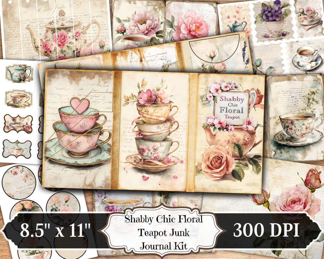 Shabby Chic Floral Teapot Junk Journal Kit, Flower Printable Ephemera ...