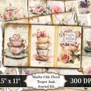 Kit de journal indésirable théière floral shabby chic, fleurs éphémères imprimables, feuille de collage scrapbooking botanique vintage, technique mixte de fond