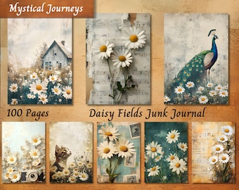 Daisy Fields Junk Journal Paper, Floral Printable Ephemera, Botanical Flower Boho Scrapbook Collage Sheet, Vintage Background Mixed Media