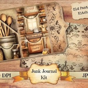 Alte Speisekammer und Küche, Trifold Folio Kit, Junk Journal Kit, druckbare Ephemera, Vintage Scrapbooking Zubehör, wählerischer Schnitt, Journaling ATC Karte
