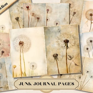 Strony dziennika Dandelion Junk, zestaw do prowadzenia dziennika kwiatowego, kolaż scrapbookingowy, drukowane efemerydy, wycinane elementy, karty ATC, vintage shabby chic JPG