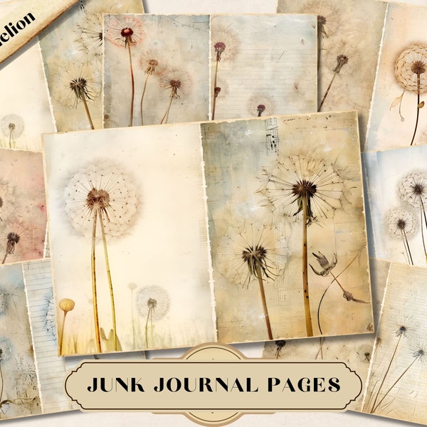 Dandelion Junk Journal Pages, Floral Journaling Kit, Scrapbooking Collage, Printable Ephemera, Fussy Cut, ATC Cards, Vintage Shabby Chic JPG