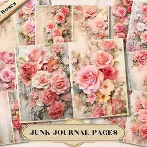 Vintage Roses Junk Journal Pages, Shabby Chic Flower, Mixed Media, Printable Ephemera, Scrapbooking Kit, Journaling Floral Collage, ATC Card