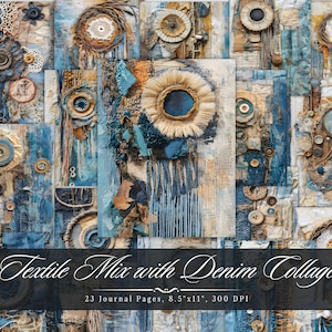 Textile Mix with Denim Collage Junk Journal, Vintage Printable Ephemera Paper, Digital Pattern Scrapbooking Collage Sheet, Background Pages