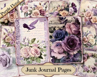 Floral Purple Junk Journal Kit | Printable Ephemera Bundle | Vintage Tags & Collage Sheets | Instant Download | Digital Scrapbooking Supplie