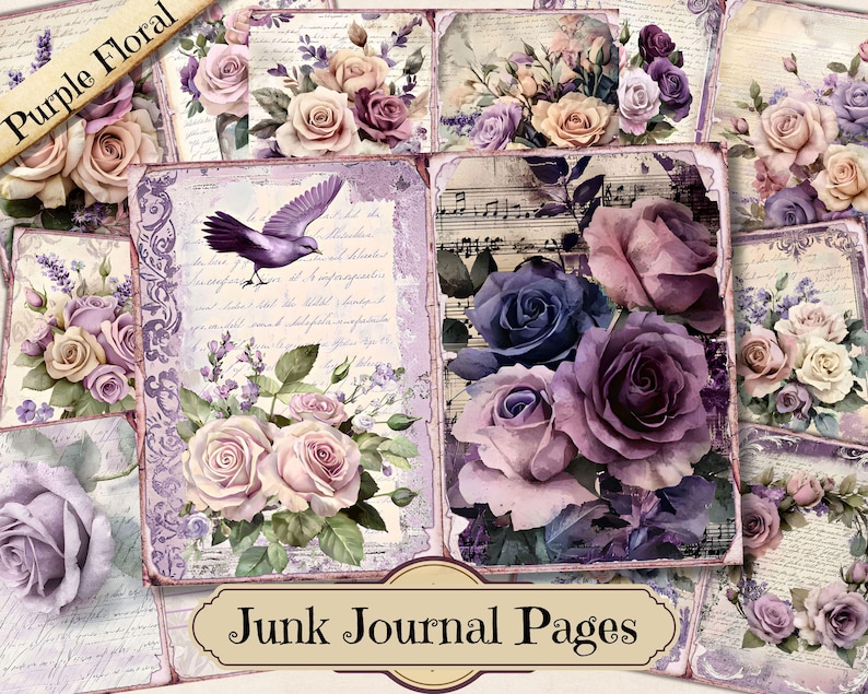 Floral Purple Junk Journal Kit | Printable Ephemera Bundle | Vintage ...