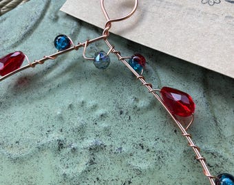 Handcrafted Copper Hummingbird Swing/Perch - Red & Blue Glass Beaded - “Crimson and Tide”