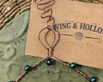 Handcrafted Copper Hummingbird Swing/Perch - Dark Green Beaded - “Evergreen”