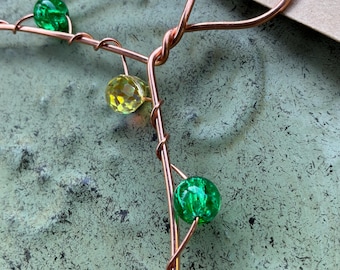 Handcrafted Copper Hummingbird Swing/Perch - Light & Dark Green Glass Beaded - “Heartwood”