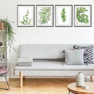 Set Of 4 Botanical Art Prints A4 Watercolour Green Botanical Poster Leaf Pictures Wall Art, Home Decor Bathroom Kitchen Living Room (A4)