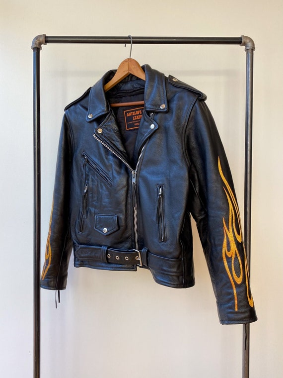 Flame Embroidered Leather Moto Jacket—[s/m] - Etsy