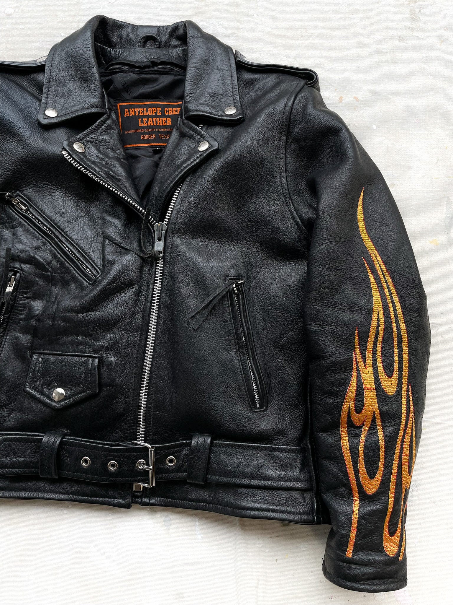 Flame Embroidered Leather Moto Jacket—[s/m] - Etsy