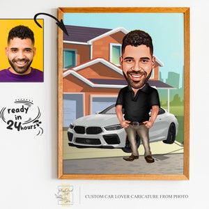 Custom Car Lover Cartoon Portrait, Male Caricature, Car Lover Gift, Custom Caricature, Anniversary Gift, Car Lover, Caricature from Photo