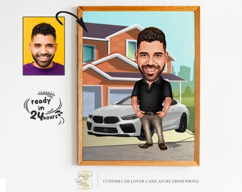 Retrato de dibujos animados personalizado para amantes de los coches, caricatura masculina, regalo para amantes de los coches, caricatura personalizada, regalo de aniversario, amante de los coches, caricatura de la foto
