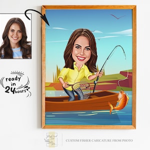 Kundenspezifisches weibliches Fischer-Karikatur-Porträt, Geschenk für Fischer, Fischer-Karikatur, Fischer-Karikatur, benutzerdefinierte Karikatur, Fischer-Karikatur vom Foto