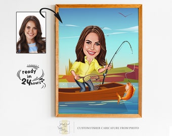 Benutzerdefinierte Angeln Karikatur für Frauen, personalisiertes digitales Cartoon Porträt Geschenk, lustige Fischer Kunst, einzigartige Angeln Geschenkidee