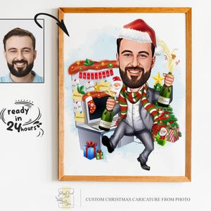 Portrait de dessin animé de Noël personnalisé, portrait de Noël, cadeau de Noël, caricature de Noël, caricature de Noël, caricature à partir d'une photo, père Noël