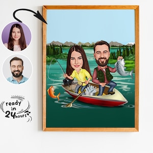 Benutzerdefinierte Fischer Paar Cartoon Portrait, Geschenk für Fischer, Fischer Karikatur, Fischer Cartoon, Paar Karikatur, Karikatur vom Foto