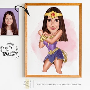 Retrato personalizado de dibujos animados de súper mujer, retrato de mujer, regalo de mujer, caricatura de súper mujer, dibujo de caricatura de superhéroe, caricatura de foto