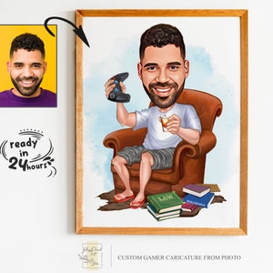 Niestandardowy portret gracza z kreskówki, karykatura gracza, prezent dla gracza, prezent dla gracza, kreskówka gracza, niestandardowa karykatura ze zdjęcia, prezent dla miłośnika gier