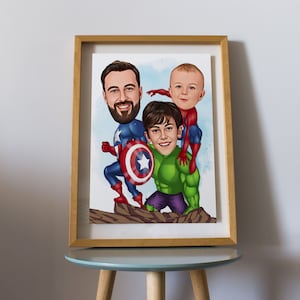 May include: A framed cartoon illustration of three people dressed as superheroes. The father is dressed as Captain America, the older son is dressed as Hulk, and the younger son is dressed as Spiderman.