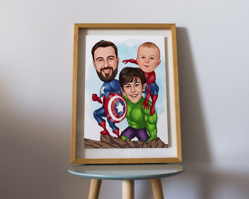 May include: A framed cartoon illustration of three people dressed as superheroes. The father is dressed as Captain America, the older son is dressed as Hulk, and the younger son is dressed as Spiderman.