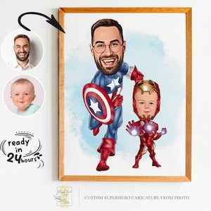 Portrait personnalisé de dessin animé super papa et fils, portrait super papa, cadeau de papa, caricature de super papa, caricature de super-héros, caricature à partir d'une photo