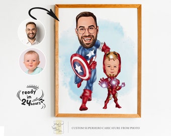 Portrait personnalisé de dessin animé super papa et fils, portrait super papa, cadeau de papa, caricature de super papa, caricature de super-héros, caricature à partir d'une photo