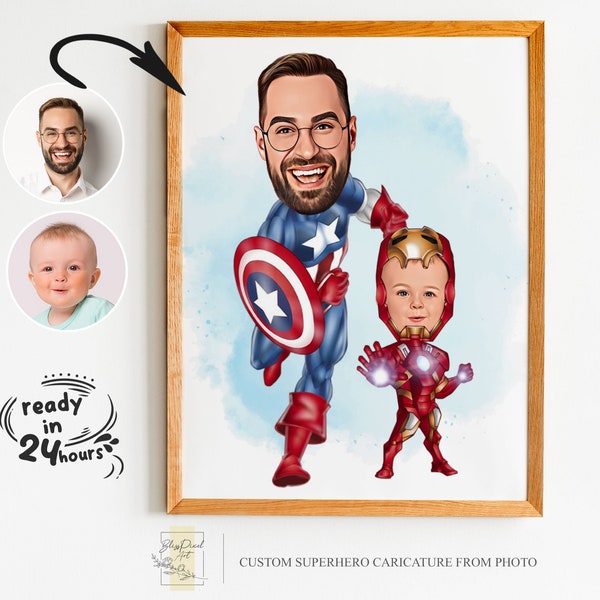 Benutzerdefinierte Super Dad und Sohn Cartoon Portrait, Super Dad Portrait, Papas Geschenk, Super Dad Karikatur, Superhelden-Karikatur, Karikatur vom Foto