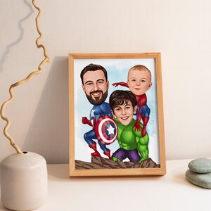 May include: A framed cartoon illustration of three people dressed as superheroes. The father is dressed as Captain America, the son is dressed as Hulk, and the younger son is dressed as Spiderman.