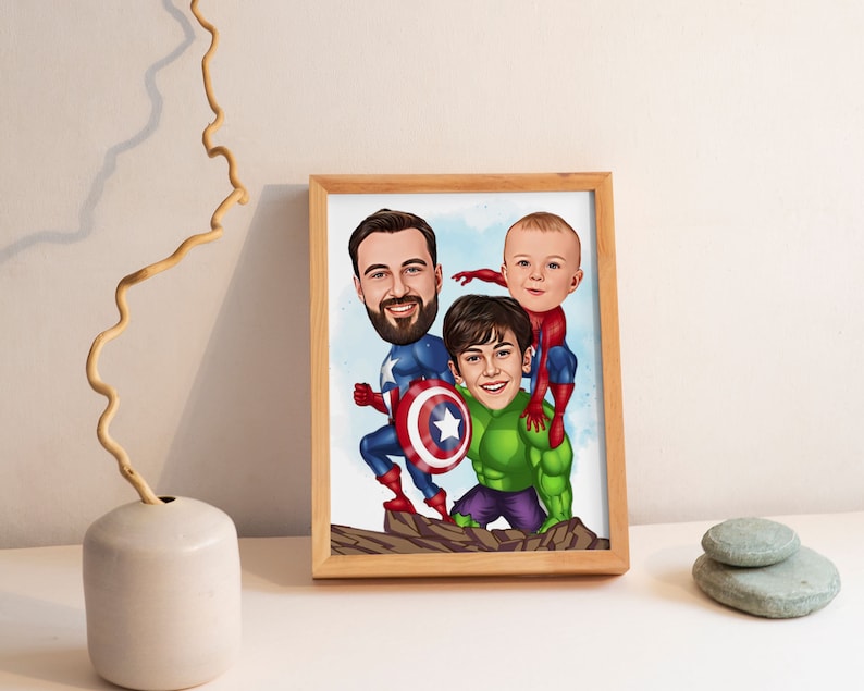 May include: A framed cartoon illustration of three people dressed as superheroes. The father is dressed as Captain America, the son is dressed as Hulk, and the younger son is dressed as Spiderman.