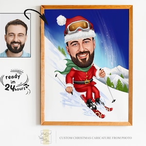 Portrait de dessin animé de Noël personnalisé, portrait de Noël, cadeau de Noël, caricature de Noël, caricature de Noël, caricature à partir d'une photo, père Noël