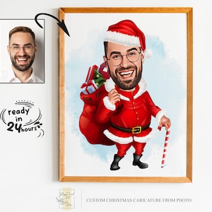 Portrait de dessin animé de Noël personnalisé, portrait de Noël, cadeau de Noël, caricature de Noël, caricature de Noël, caricature à partir d'une photo, père Noël