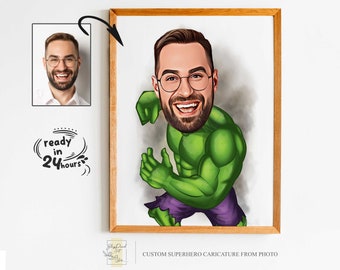 Retrato personalizado de dibujos animados de superhéroes, retrato de superhéroe, regalo para papá, dibujos animados personalizados, caricatura de superhéroe, caricatura de superhéroe de foto