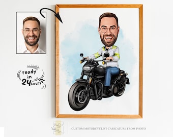 Custom Motorcyclist Cartoon Portrait, Motorcyclist Portrait, Gift for Motorcyclist, Motorcyclist Caricature, Caricature from Photo