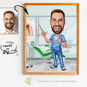 Retrato personalizado de dibujos animados de dentista masculino, retrato de dentista, regalo para dentista, caricatura de dentista, caricatura de foto, dibujo divertido de dentista