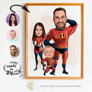 Aangepaste super familie cartoon portret, familieportret, familie cadeau, super familie karikatuur, superheld karikatuur, karikatuur van foto